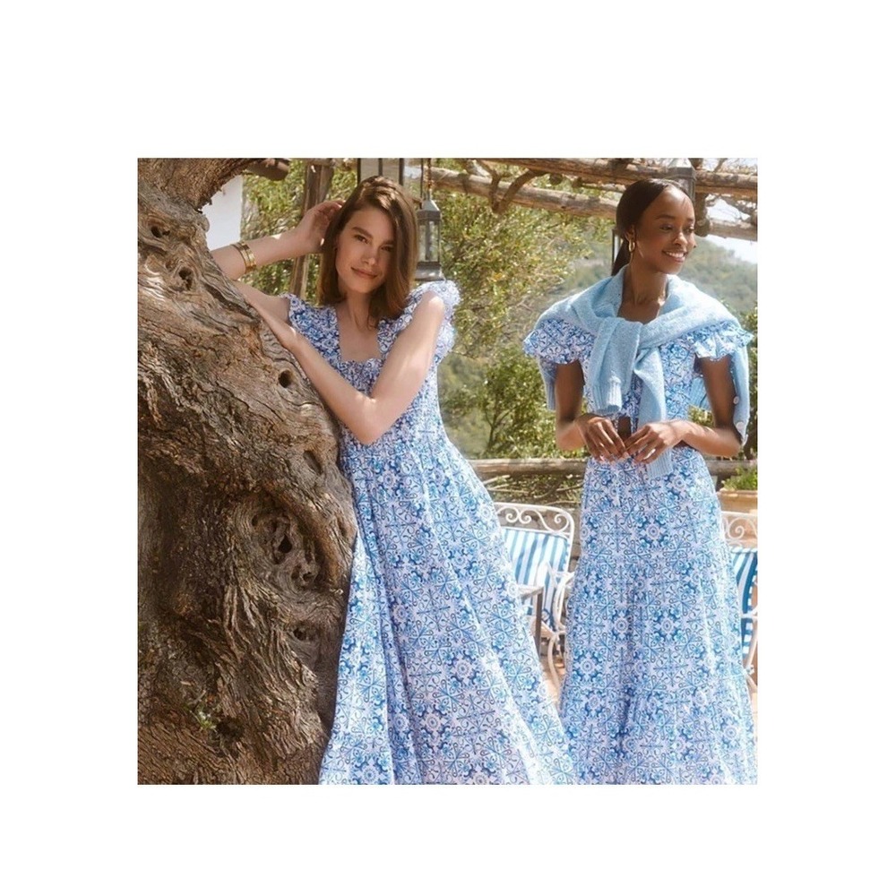 Hill House Women's Ellie Nap Dress XS Blue Mosaic Poplin Midi Sundress Smocked